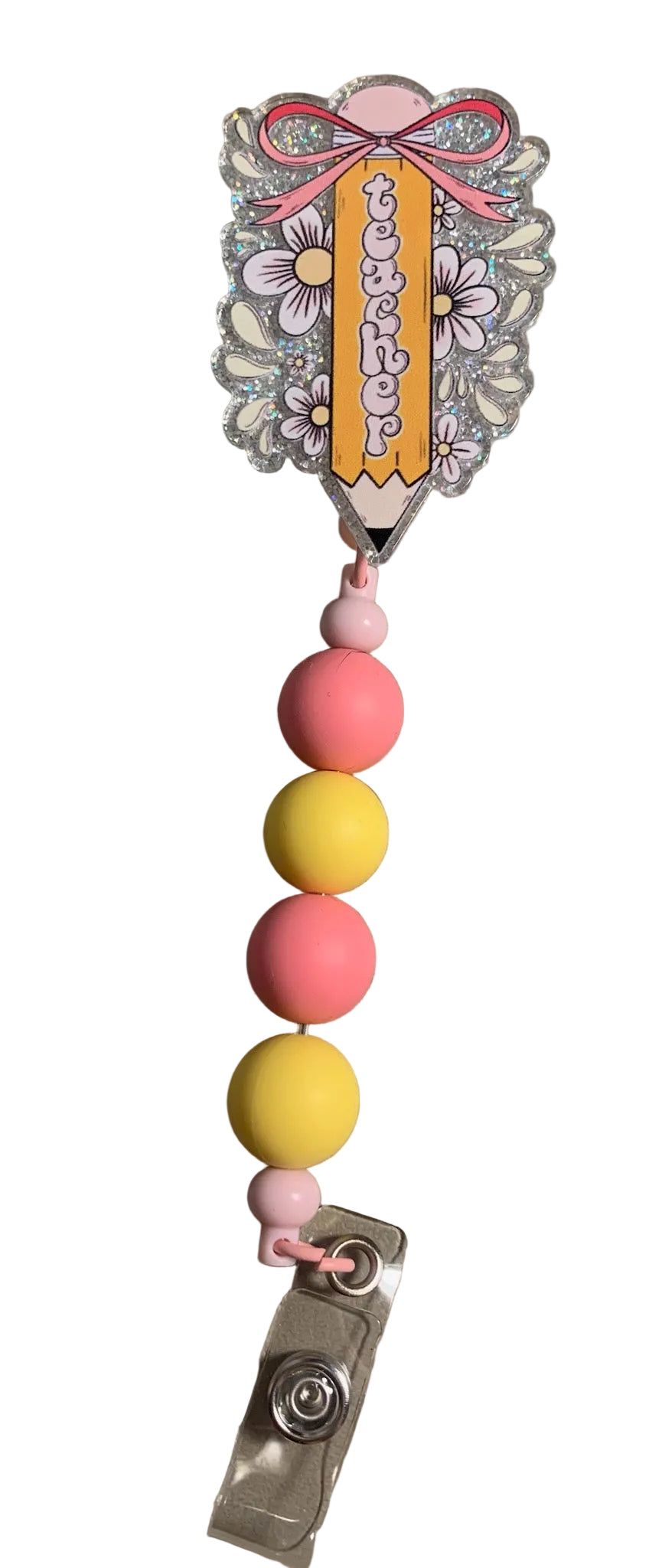 Teacher Pencil Badge Reel – Glitter Floral ID Holder 🍎✨