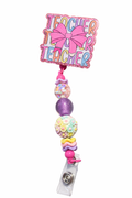 🎀 Teacher Badge Reel – Pink Bow Beaded ID Holder